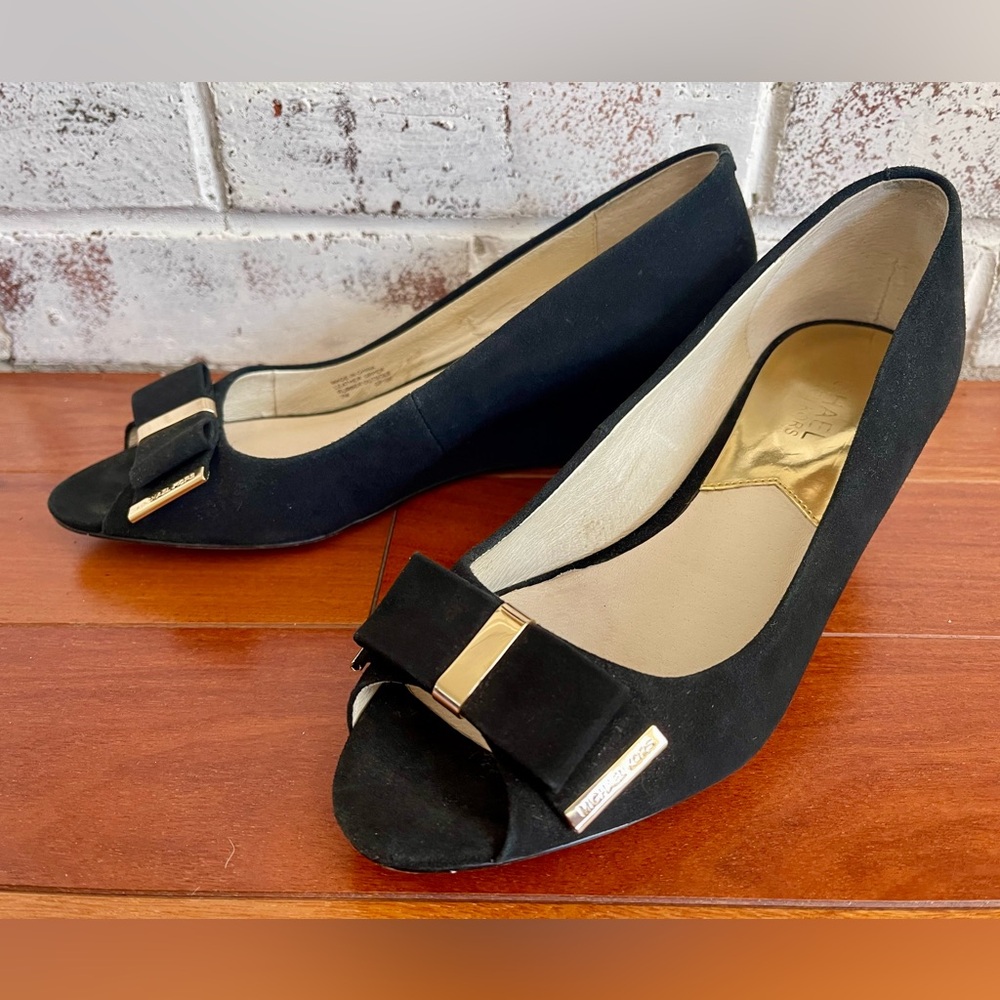 MICHAEL Michael Kors Black Suede Peep-Toe Wedges with Gold Trim Bow